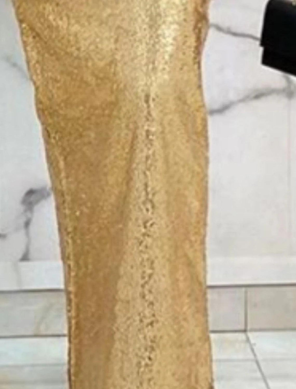 Vestido de noche formal elegante con escote pronunciado, manga larga, largo hasta el suelo, satén elástico con lentejuelas.