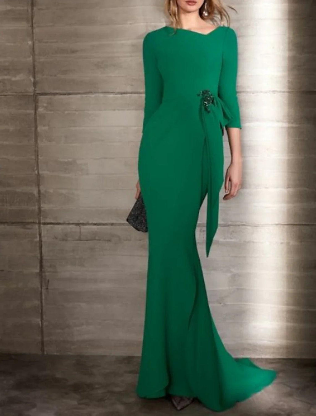 Etui-Linie/Säule, elegantes formelles Abendkleid, Y-Ausschnitt, 3/4-Ärmel, Schleppe aus Jersey mit Applikationen
