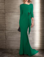 Etui-Linie/Säule, elegantes formelles Abendkleid, Y-Ausschnitt, 3/4-Ärmel, Schleppe aus Jersey mit Applikationen
