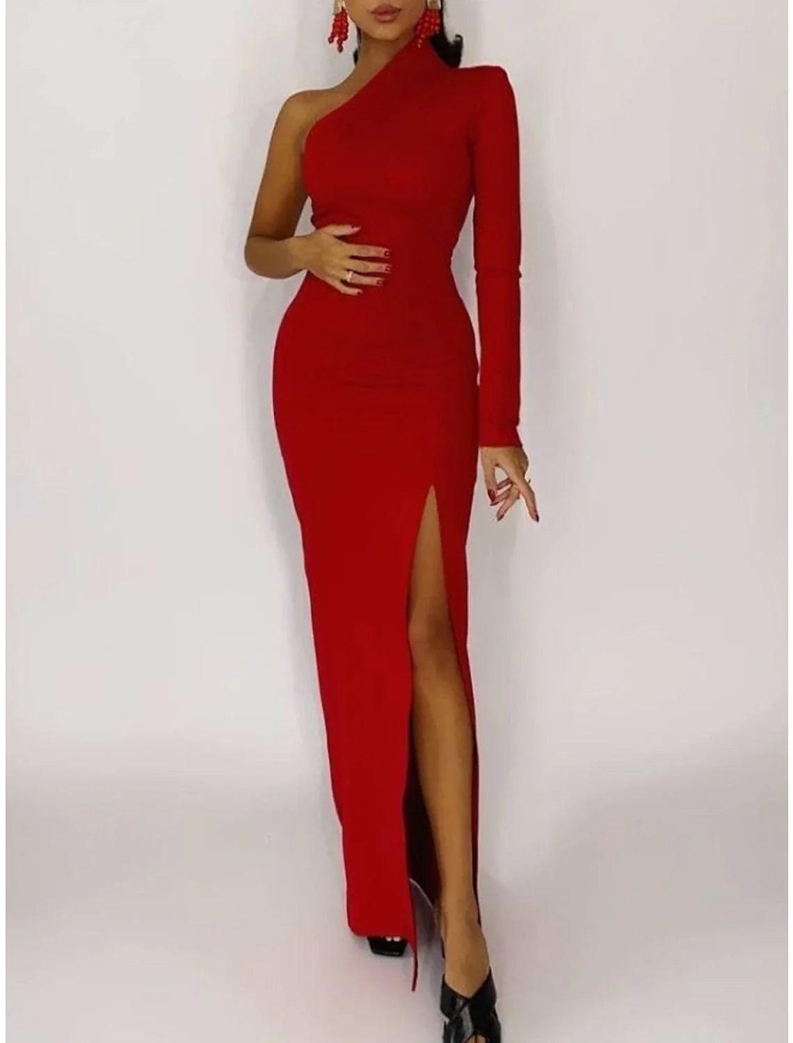 Mermaid Black Dress Plus Size Evening Gown Minimalist Dress Formal Evening Sweep / Brush Train Long Sleeve One Shoulder Fall Wedding Guest Stretch Fabric with Slit Pure Color