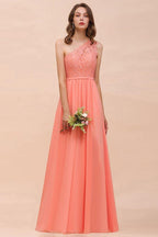 One Shoulder Floral Bridesmaid Dress Side Split Formal Wedding Guest Dress with Pocket