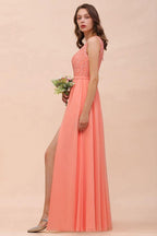 One Shoulder Floral Bridesmaid Dress Side Split Formal Wedding Guest Dress with Pocket