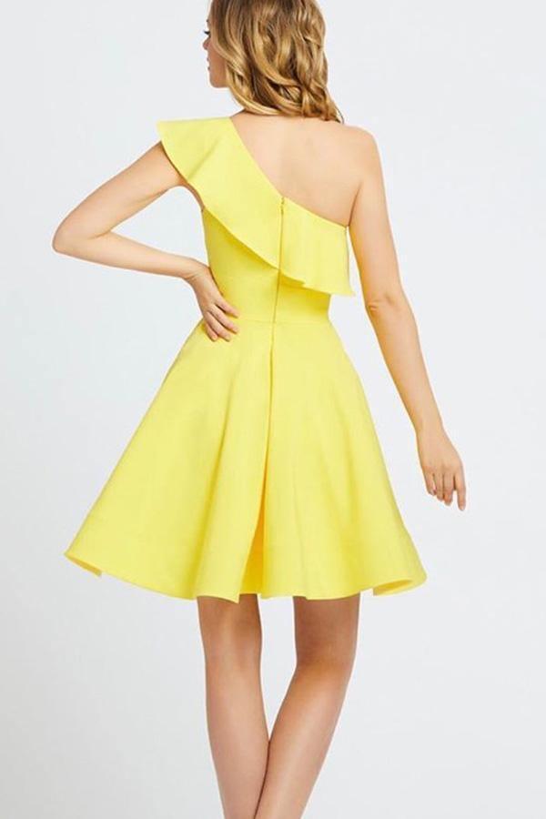 One Shoulder Ruffled Short Prom Dress Yellow Homecoming Dress