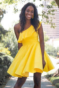 One Shoulder Ruffled Short Prom Dress Yellow Homecoming Dress