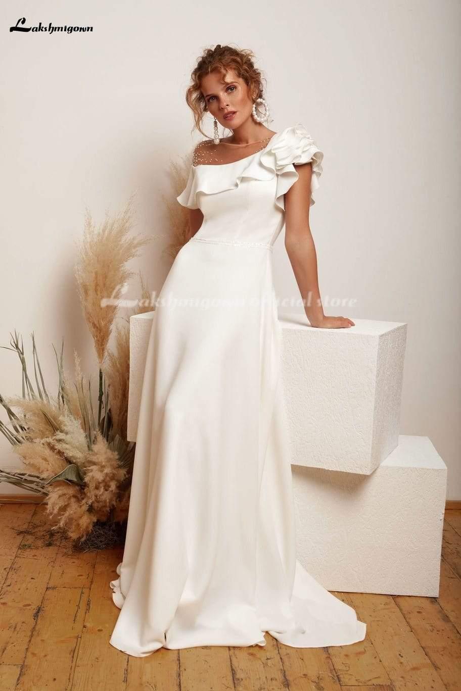 Vestido de novia elegante de satén con un solo hombro y corte A de NumberSea