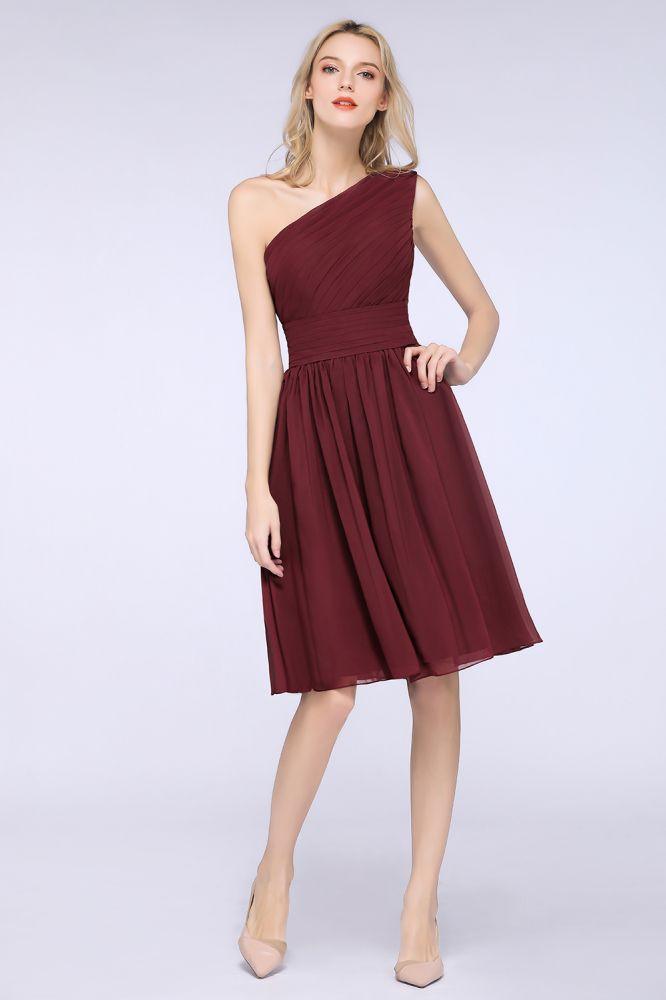 One-Shoulder Sleeveless Knee-Length Bridesmaid Dress with Ruffles Formal Party Dress