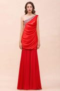One Shoulder Strech Satin Red Ruffle Bridesmaid Dress Floor Length/Mini Party Dress
