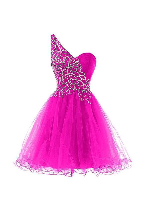 Hot Pink Homecoming Dresses One Shoulder Short Prom Dresses