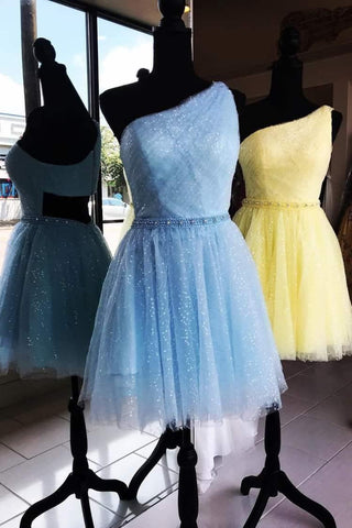 One Shoulder Yellow Chic Tulle Homecoming Dress Cute Graduation Dress