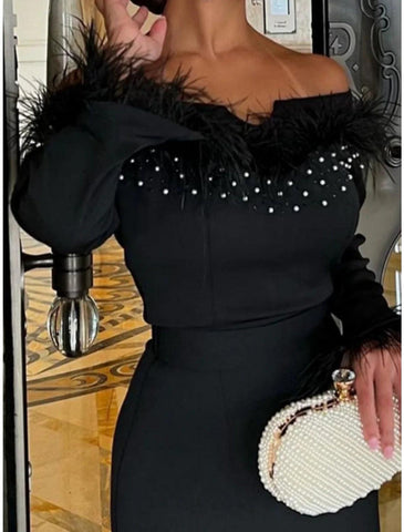 Meerjungfrau/Trompete Abendkleid, elegantes Kleid, formelles schwarzes Kleid, bodenlang, lange Ärmel, schulterfrei, Stretchstoff mit Feder-Pailletten-Schlitz