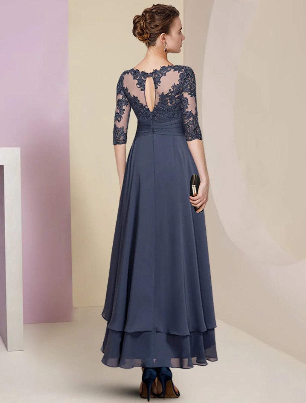 Etui-Linie/Säulenkleid für die Brautmutter, Hochzeitsgast, Party, elegant, hochgeschlossen, Rundhalsausschnitt, asymmetrisch, Chiffon, Spitze, halbe Ärmel mit Falten, einfarbig