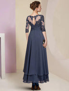Etui-Linie/Säulenkleid für die Brautmutter, Hochzeitsgast, Party, elegant, hochgeschlossen, Rundhalsausschnitt, asymmetrisch, Chiffon, Spitze, halbe Ärmel mit Falten, einfarbig