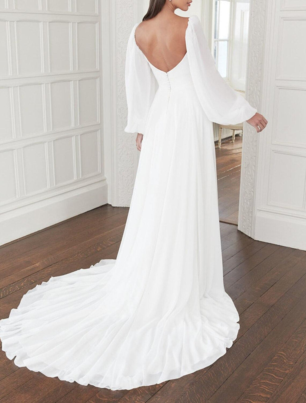 Hall Casual Brautkleider A-Linie Square Neck Langarm Hofschleppe Chiffon Brautkleider mit Schleife(n) Einfarbig