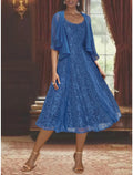 Vestido de dos piezas de corte A para madre de la novia, para invitada de boda formal, talla grande, elegante, escote redondo, largo hasta la rodilla, de gasa con encaje, mangas 3/4, cruzado incluido con pliegues