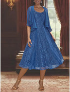 Vestido de dos piezas de corte A para madre de la novia, para invitada de boda formal, talla grande, elegante, escote redondo, largo hasta la rodilla, de gasa con encaje, mangas 3/4, cruzado incluido con pliegues