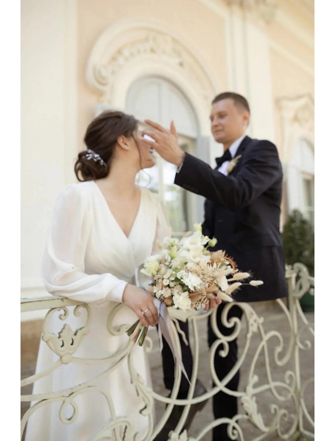 NumberSea-Reception Little White Dresses Wedding Dresses A-Line V Neck Long Sleeve Ankle Length Chiffon Bridal Gowns With Solid Color NumberSea-Reception Little White Dresses Wedding Dresses A-Line V Neck Long Sleeve Ankle Length Chiffon Bridal Gowns With Solid Color