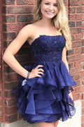 Vestido de fiesta corto sin tirantes de organza en forma de A, vestido de regreso a casa azul marino