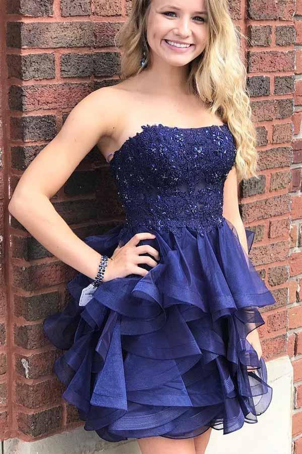 Vestido de fiesta corto sin tirantes de organza en forma de A, vestido de regreso a casa azul marino