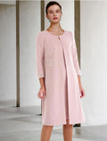 Vestido de dos piezas tipo tubo/columna para madre de la novia, para invitadas de boda, iglesia, elegante, cuello joya, largo hasta la rodilla, tejido elástico, manga corta, chaqueta, vestidos con cuentas, otoño