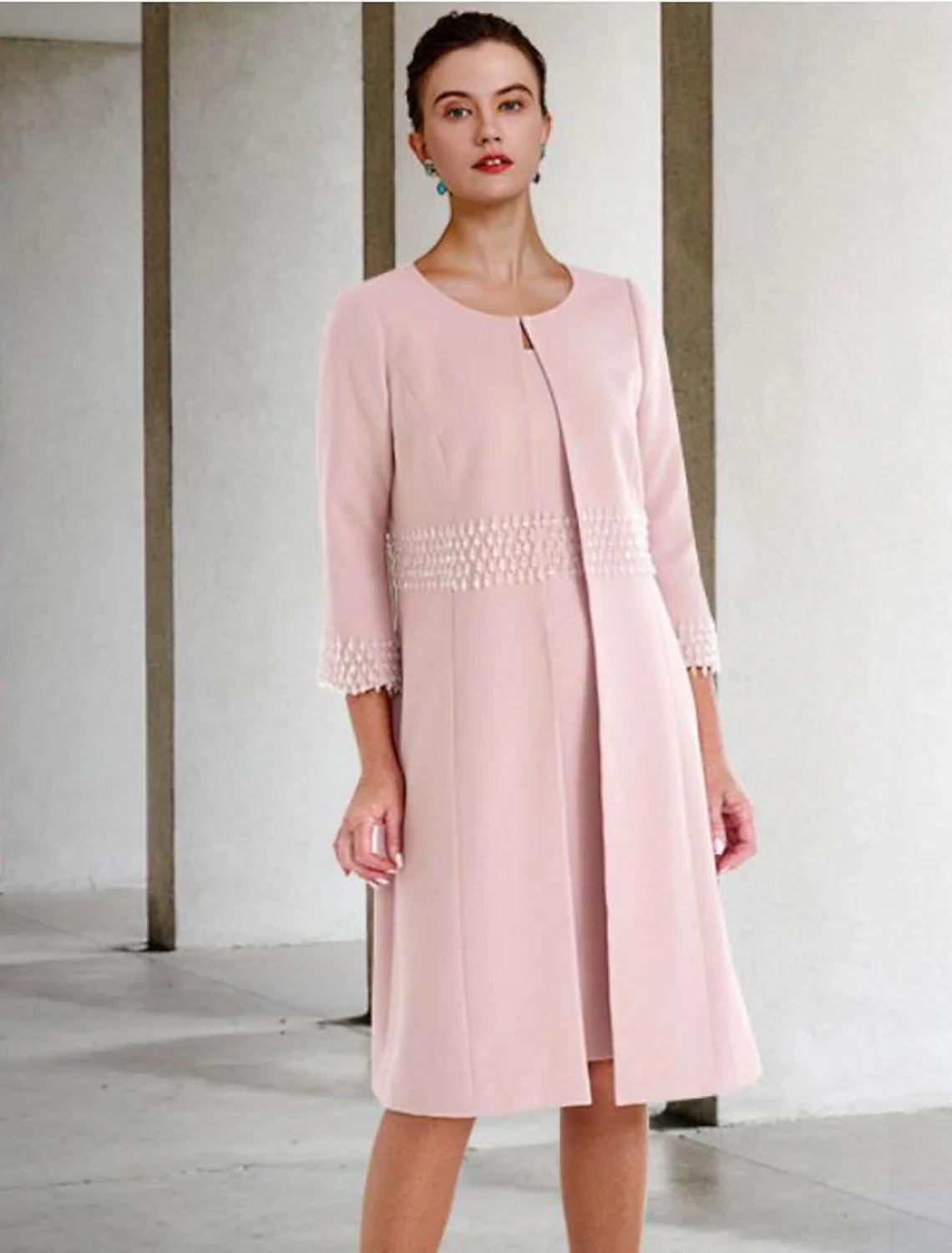 Vestido de dos piezas tipo tubo/columna para madre de la novia, para invitadas de boda, iglesia, elegante, cuello joya, largo hasta la rodilla, tejido elástico, manga corta, chaqueta, vestidos con cuentas, otoño