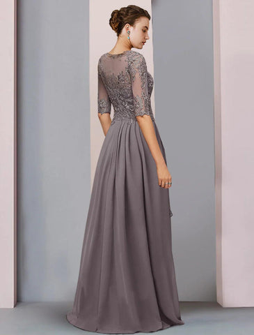 Etui-Linie/Säulenkleid für die Brautmutter, Hochzeitsgast, Party, elegant, Rundhalsausschnitt, asymmetrisch, Chiffon, Spitze, halbe Ärmel mit Falten