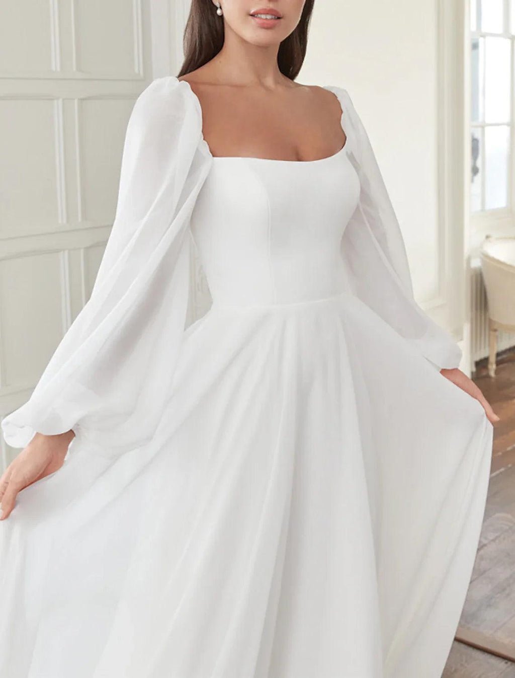 Hall Casual Brautkleider A-Linie Square Neck Langarm Hofschleppe Chiffon Brautkleider mit Schleife(n) Einfarbig