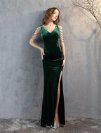 Vestidos de fiesta de sirena/trompeta, elegantes, formales, para invitados de boda, largos hasta el suelo, sin mangas, cuello en V, de terciopelo con flecos y borlas.