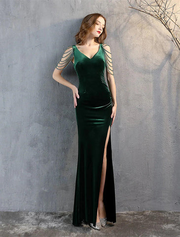 Meerjungfrau/Trompete Ballkleider Elegantes Kleid Formeller Hochzeitsgast Bodenlang Ärmellos V-Ausschnitt Samt mit Fransen Quaste Schlitz