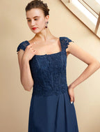 Two Piece A-Line Mother of the Bride Dress Church Plus Size Elegant High Low Square Neck Asymmetrical Tea Length Chiffon Lace Short Sleeve Wrap Included with Appliques
