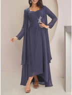 Zweiteiliges A-Linien-Kleid für die Mutter der Braut, Hochzeitsgast, elegant, Herzausschnitt, asymmetrisch, knöchellang, Chiffon, lange Ärmel, mit Kristallbrosche, Rüschen, einfarbig