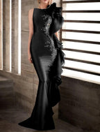 Abendkleid im Meerjungfrauen-/Trompeten-Stil, wunderschönes Rückenkleid, Verlobung, formeller Abend, Schleppe, ärmellos, Rundhalsausschnitt, Herbst, Hochzeitsgast, Stretch-Satin mit Applikationen
