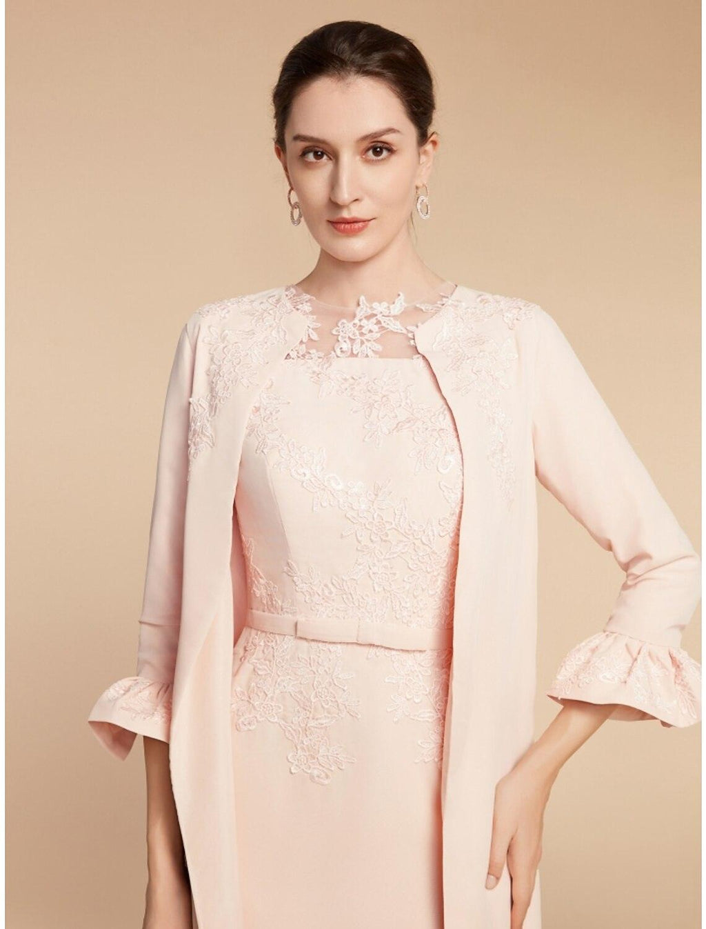 Vestido de dos piezas de corte A para madre de la novia, elegante, estilo invitada de boda, cuello joya, corto/mini, encaje, tejido elástico, manga 3/4 con lazo(s), volantes, color liso