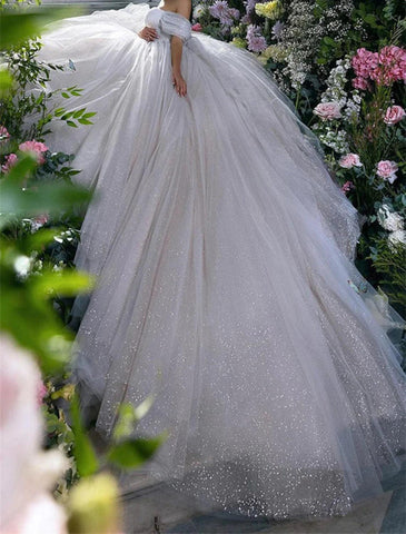 Verlobungs-Hochzeitskleider mit Glitzer und Glanz, Ballkleid, schulterfrei, Flügelärmel, Kapellenschleppe, Pailletten-Brautkleider mit Volltonfarbe