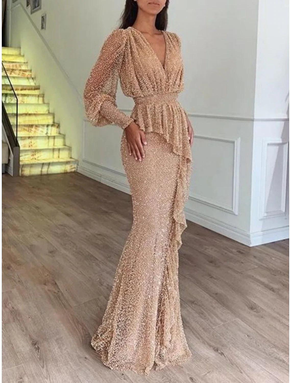 Meerjungfrau/Trompete Abendkleid Elegantes Kleid Formal Bodenlang Langarm V-Ausschnitt Pailletten mit Glitzer Falten Rüschen