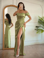 Etui-Linie/Säulen-Linie Elastischer Satin Rüschen Off-the-Shoulder-Träger Ärmellos Bodenlang Kleider