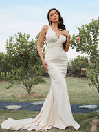 Sheath/Column Stretch Crepe Ruched V-neck Sleeveless Sweep/Brush Train Dresses