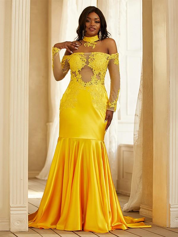 Vestidos de corte sirena/trompeta con apliques de satén elástico, hombros descubiertos, mangas largas y cola larga