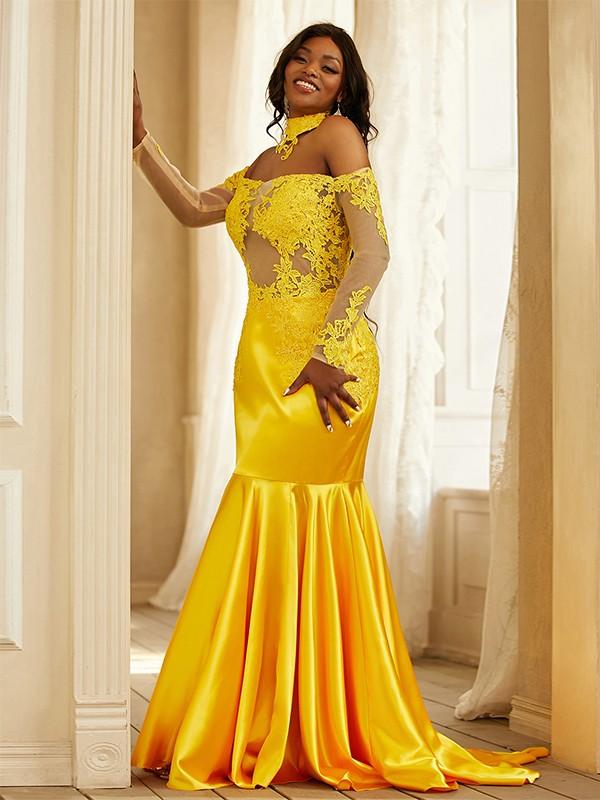 Vestidos de corte sirena/trompeta con apliques de satén elástico, hombros descubiertos, mangas largas y cola larga