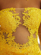 Vestidos de corte sirena/trompeta con apliques de satén elástico, hombros descubiertos, mangas largas y cola larga