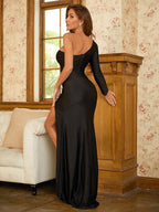 Sheath/Column Jersey Ruffles One-Shoulder Long Sleeves Sweep/Brush Train Dresses