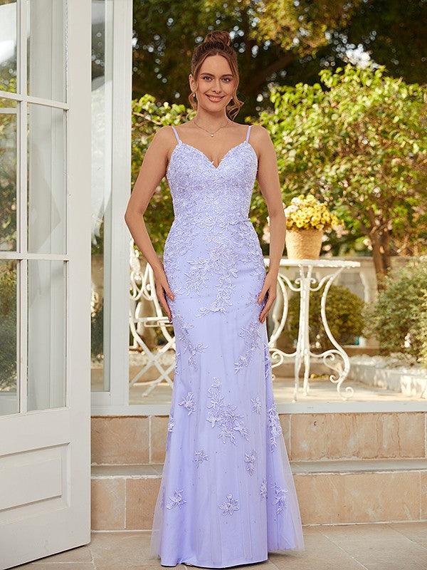 Vestidos tubo/columna con apliques de tul, escote en V, sin mangas y hasta el suelo