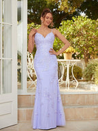 Vestidos tubo/columna con apliques de tul, escote en V, sin mangas y hasta el suelo