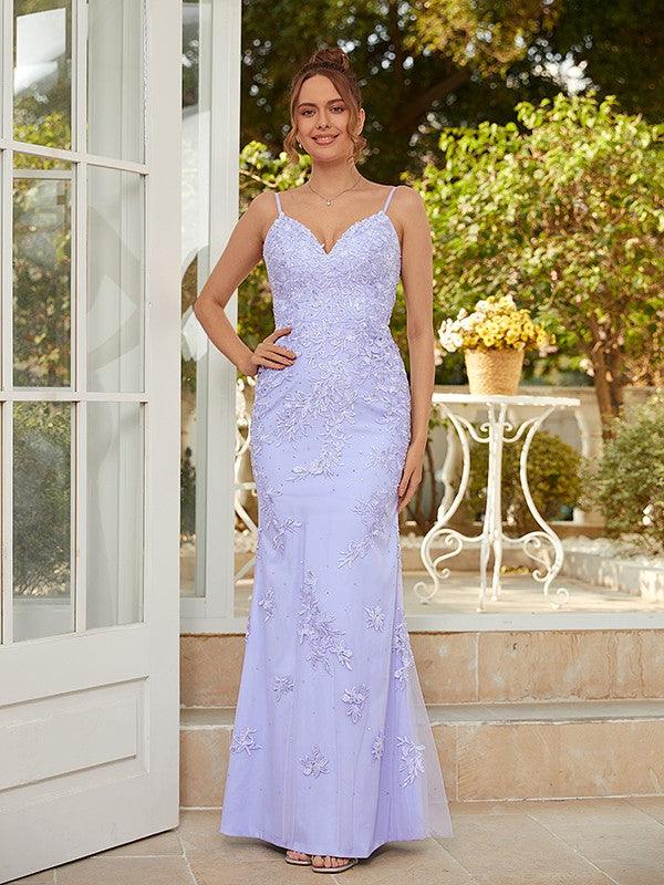 Vestidos tubo/columna con apliques de tul, escote en V, sin mangas y hasta el suelo