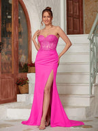 Vestidos Numbersea con escote en forma de corazón, sin mangas, con apliques de crepé elástico y cola larga