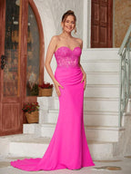 Vestidos Numbersea con escote en forma de corazón, sin mangas, con apliques de crepé elástico y cola larga