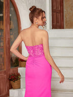 Vestidos Numbersea con escote en forma de corazón, sin mangas, con apliques de crepé elástico y cola larga