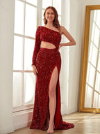 Sheath/Column Velvet Sequins One-Shoulder Long Sleeves Sweep/Brush Train Dresses