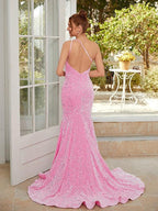 Sheath/Column Velvet Sequins Ruched One-Shoulder Sleeveless Sweep/Brush Train Dresses