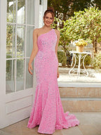 Sheath/Column Velvet Sequins Ruched One-Shoulder Sleeveless Sweep/Brush Train Dresses