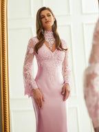 Sheath/Column Silk like Satin Lace High Neck Long Sleeves Sweep/Brush Train Dresses